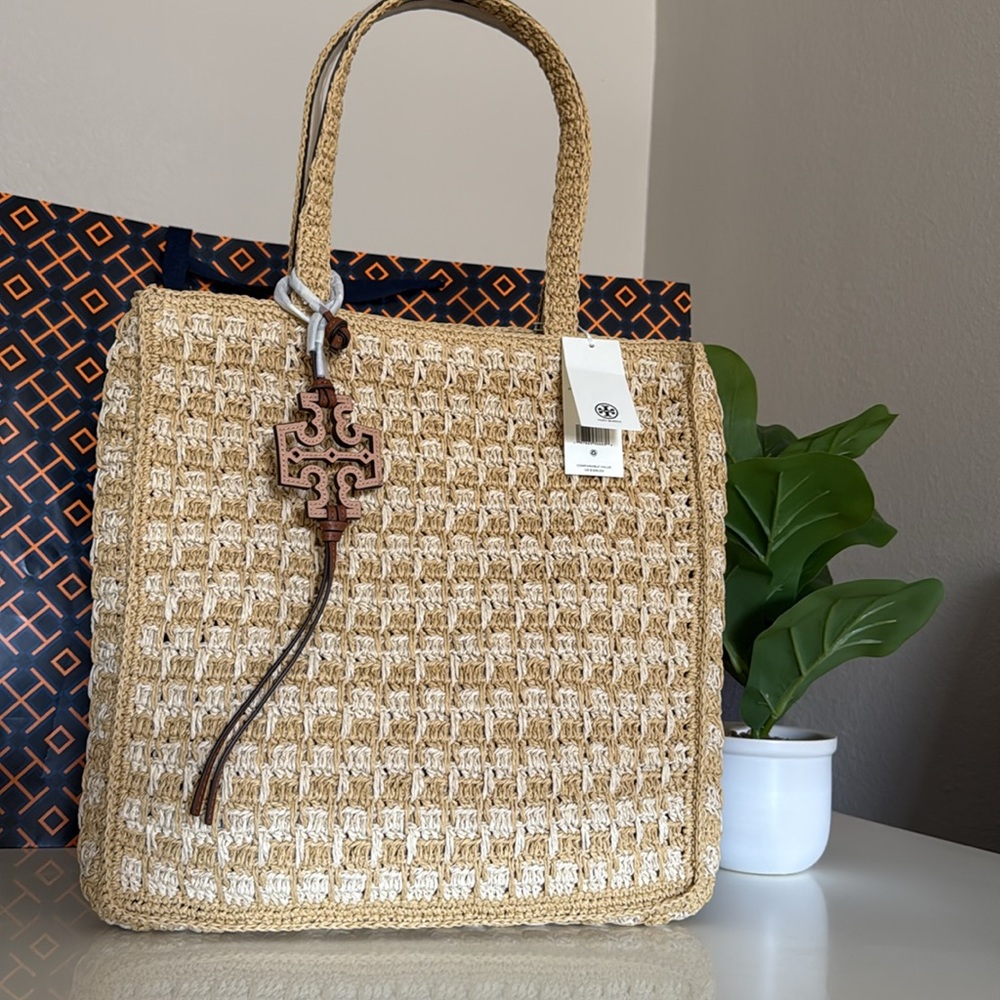 NWT , Tory Burch iced latte / pound cake straw Tote bag - Picture 4 of 12